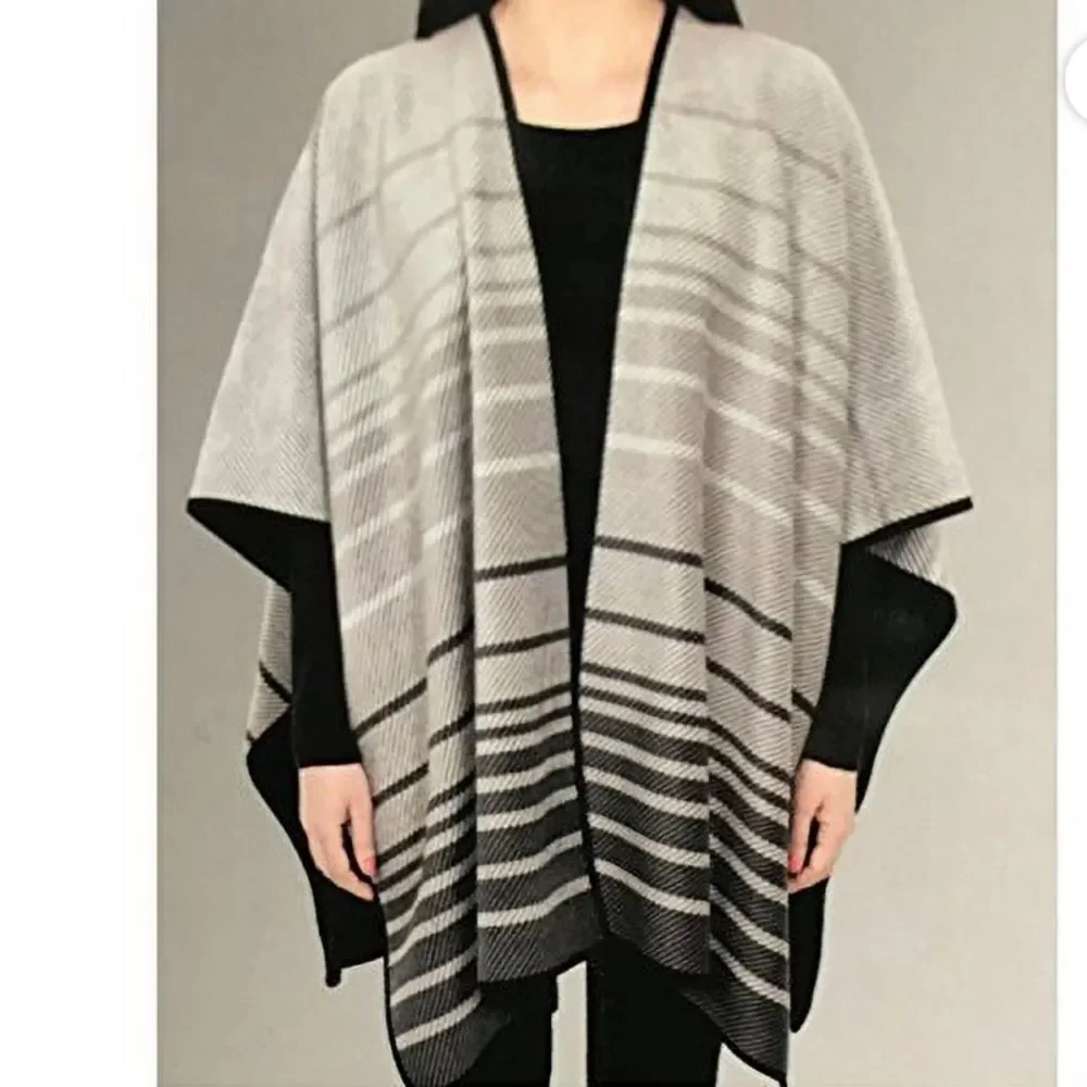 Ike Behar Ruana Reversible Wrap Blanket Shoulder Throw OS Black Gray Stripe